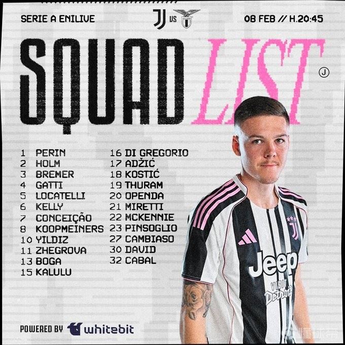 尤文主场战拉齐奥大名单：伊尔迪兹领衔，戴维、小孔塞桑在列