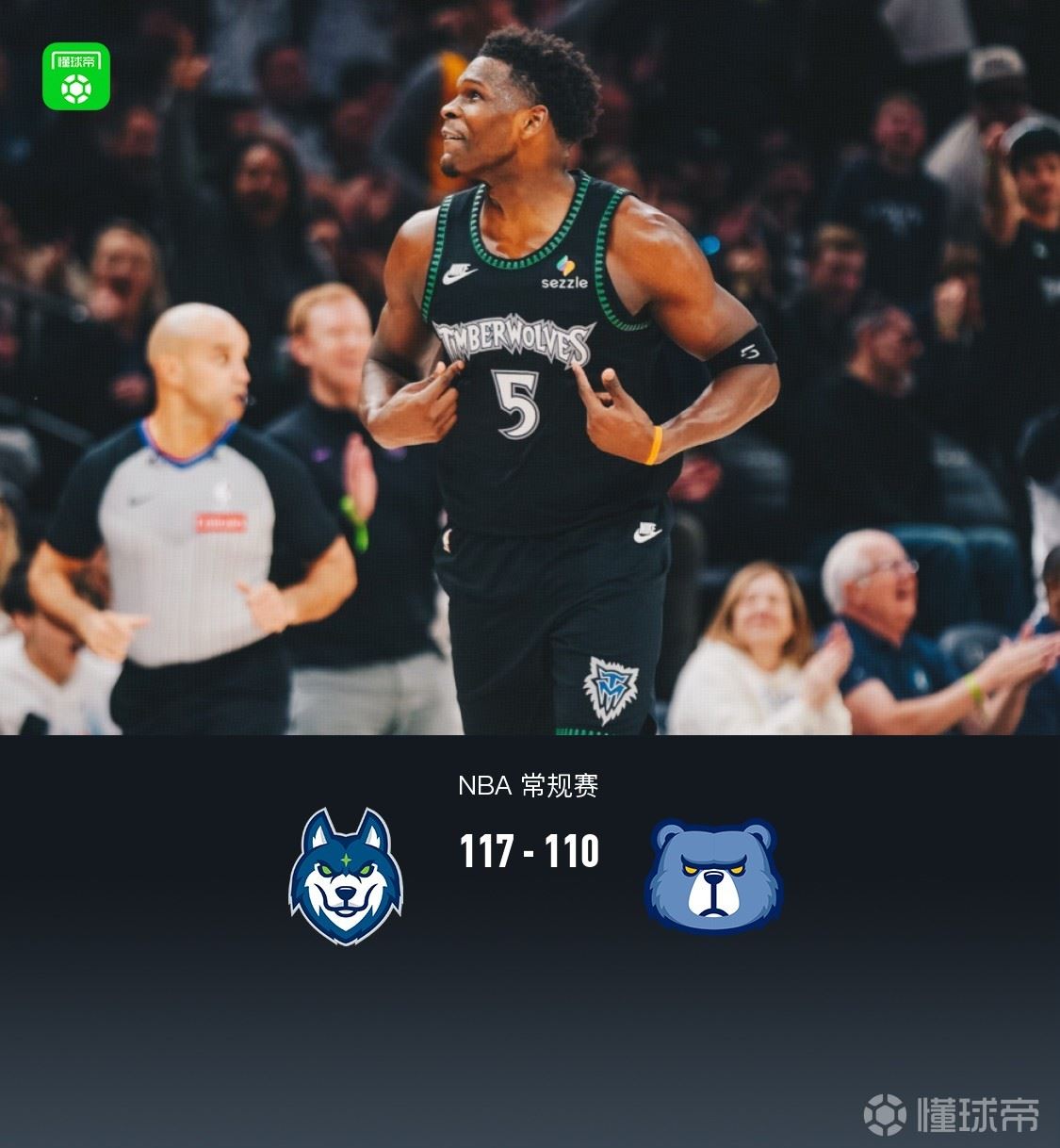 森林狼117-110逆转灰熊，爱德华兹41+6，李凯尔首秀2分1板